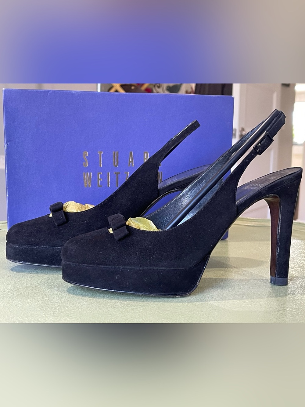 Vintage Stuart Weitzman Black Suede Platform Slingback Heels with Bow